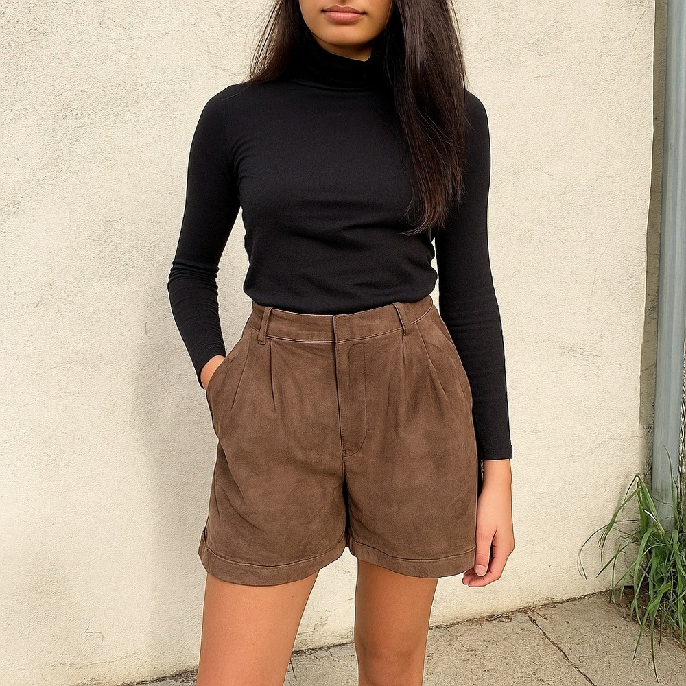 Deadwood Goat Suede Leather Pleated Shorts Womens 34‎ US XS Brown Preppy